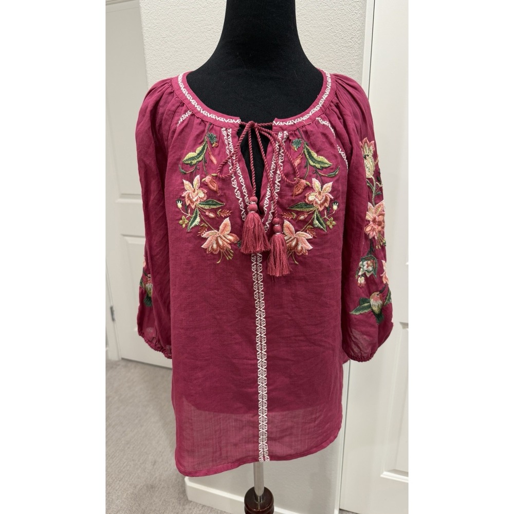 Sundance Shayda Red Lightweight Peasant Top w/floral embroidery & Tassels S